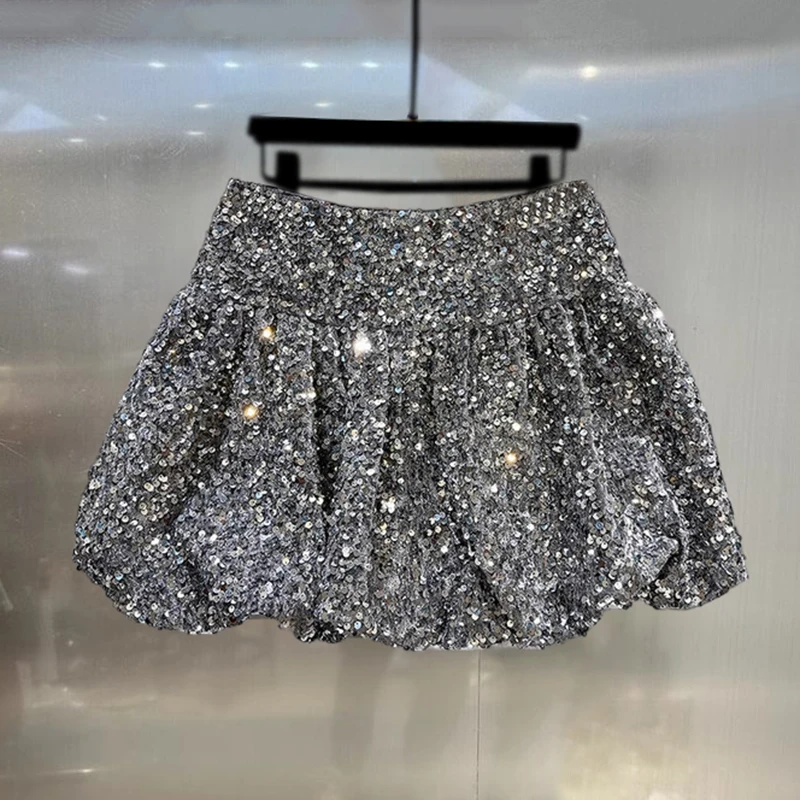 DEAT Fashion Women's Heavy Industry Sequins Skirts For Women Trendy Zipper Wrap Hip Ball Gown Skirt Female Spring New 11A02566