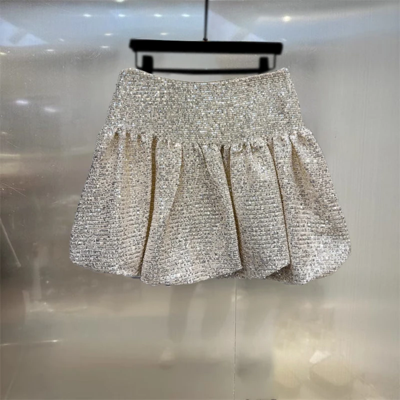 DEAT Fashion Women's Heavy Industry Sequins Skirts For Women Trendy Zipper Wrap Hip Ball Gown Skirt Female Spring New 11A02566