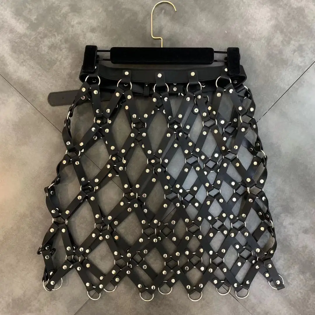 2026 Autumn New Pu Leather Skirt Women Sexy Diamond Grid Hollowed Out PU Skirt Outwear Nigh Club Lady Skirts Mini Mujer