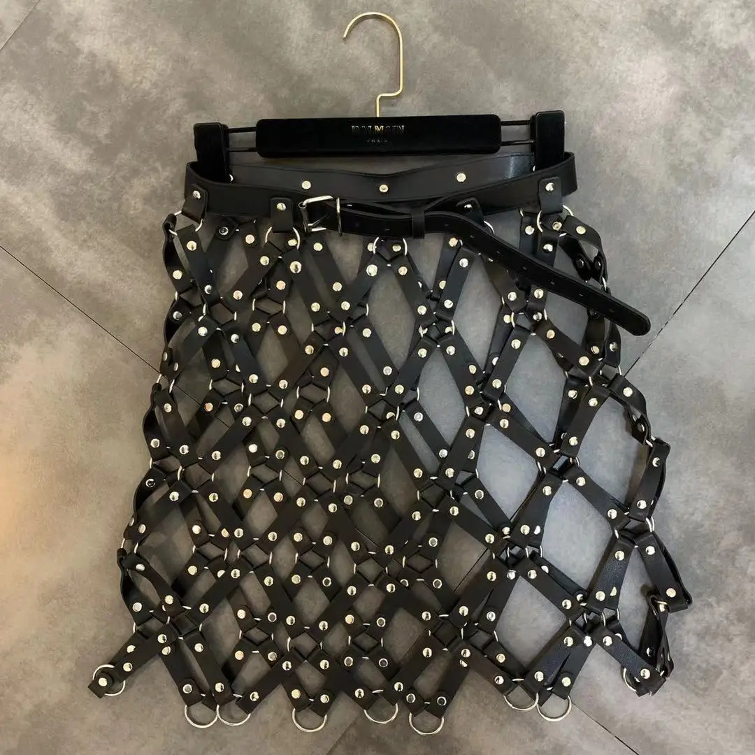 2026 Autumn New Pu Leather Skirt Women Sexy Diamond Grid Hollowed Out PU Skirt Outwear Nigh Club Lady Skirts Mini Mujer