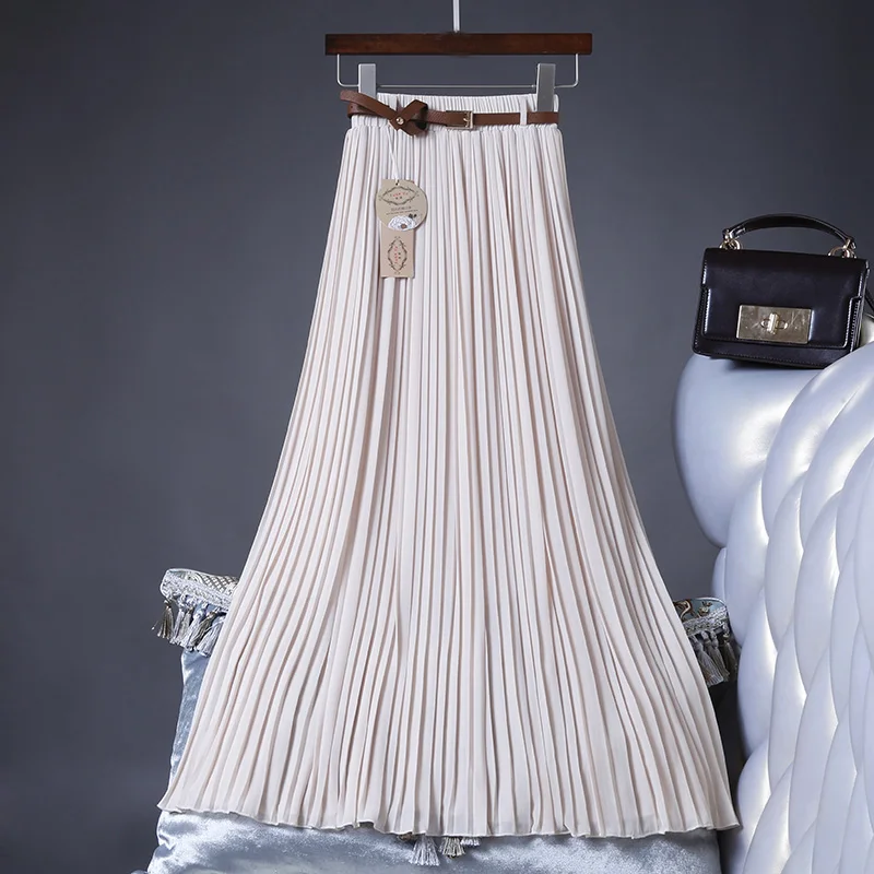 2021 High Quality Women Summer Skirt High Waist Vintage Women Pleated Skirt Saias Femme Boho White Long Chiffon Skirt Streetwear