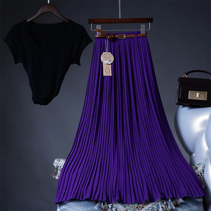 2021 High Quality Women Summer Skirt High Waist Vintage Women Pleated Skirt Saias Femme Boho White Long Chiffon Skirt Streetwear