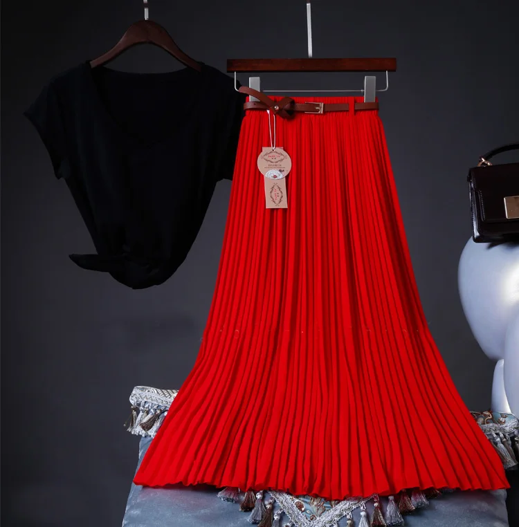 2021 High Quality Women Summer Skirt High Waist Vintage Women Pleated Skirt Saias Femme Boho White Long Chiffon Skirt Streetwear