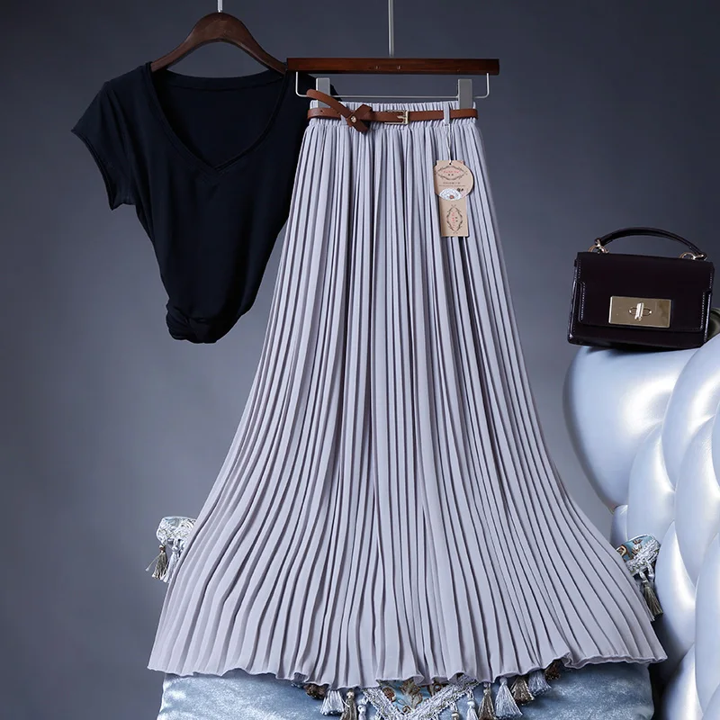 2021 High Quality Women Summer Skirt High Waist Vintage Women Pleated Skirt Saias Femme Boho White Long Chiffon Skirt Streetwear