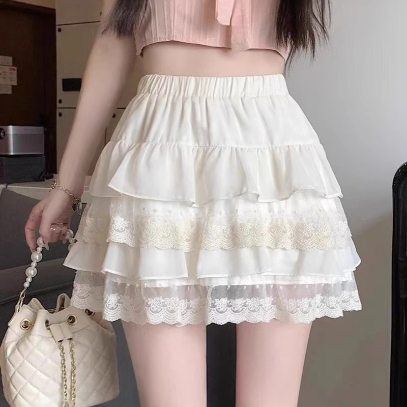 Short skirt white lace cake skirt female summer high waist thin a line skirt princess puffy
