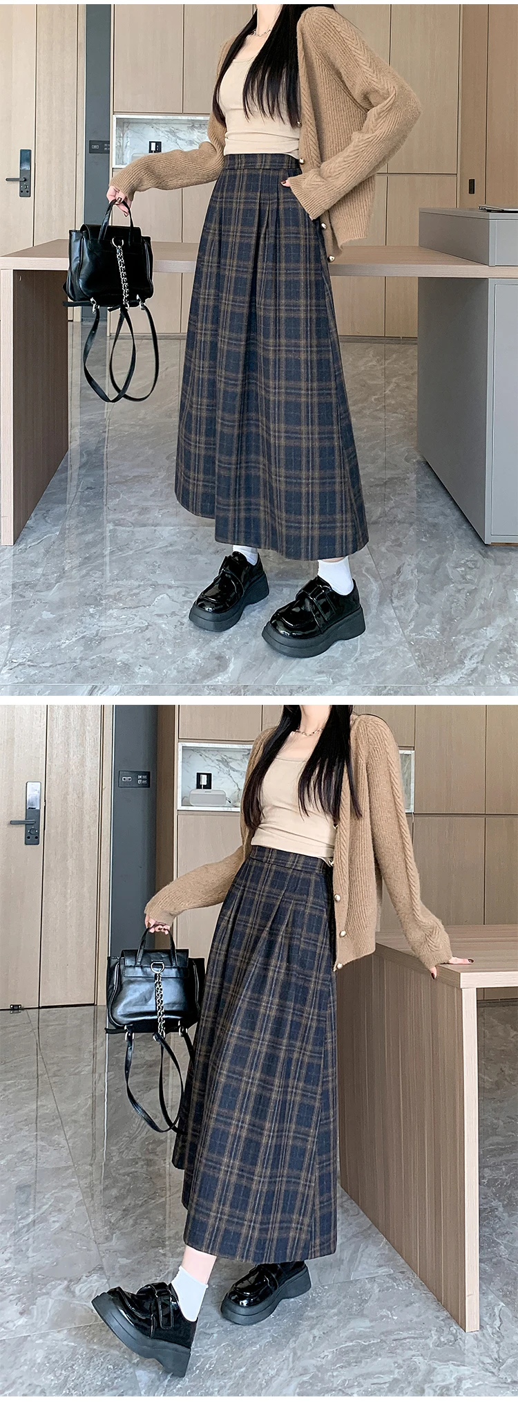 Women's Vintage Plaid Wool&blend Pleated Long Skirt Lady Spring Autumn Streetwear High Waist A Line Long Skirt