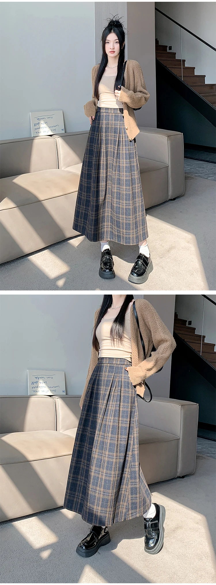 Women's Vintage Plaid Wool&blend Pleated Long Skirt Lady Spring Autumn Streetwear High Waist A Line Long Skirt