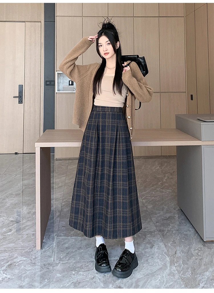 Women's Vintage Plaid Wool&blend Pleated Long Skirt Lady Spring Autumn Streetwear High Waist A Line Long Skirt
