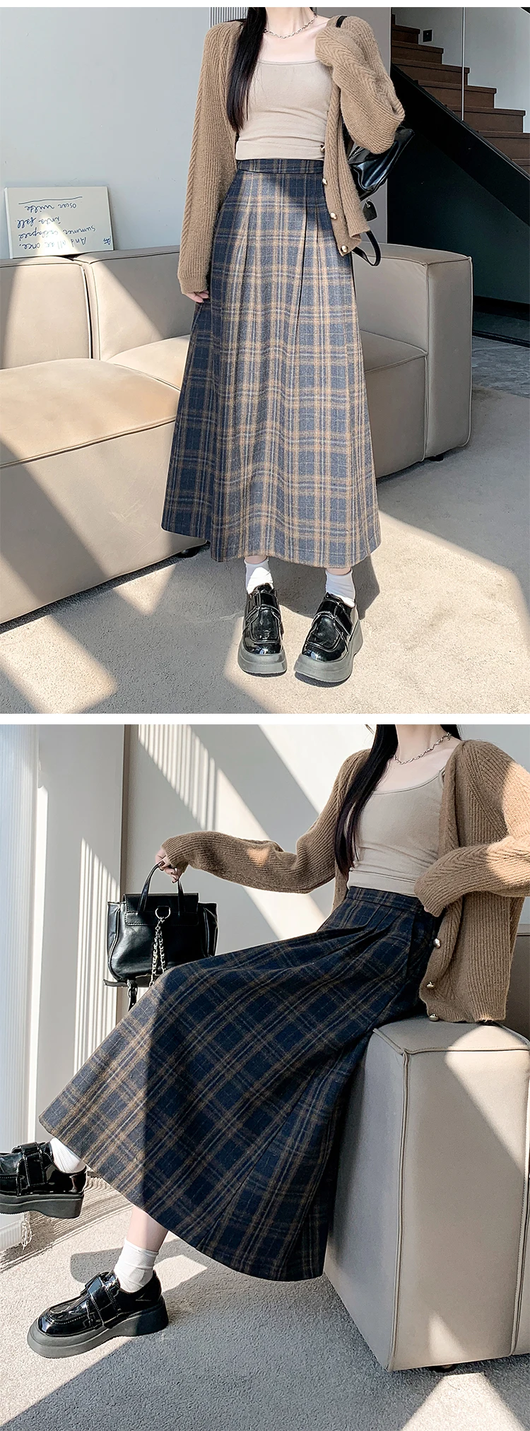 Women's Vintage Plaid Wool&blend Pleated Long Skirt Lady Spring Autumn Streetwear High Waist A Line Long Skirt