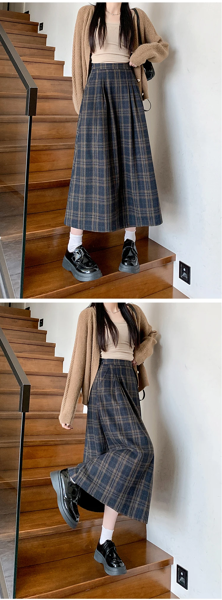 Women's Vintage Plaid Wool&blend Pleated Long Skirt Lady Spring Autumn Streetwear High Waist A Line Long Skirt