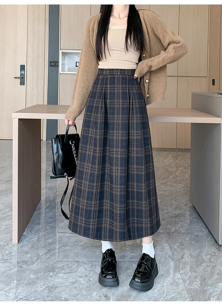 Women's Vintage Plaid Wool&blend Pleated Long Skirt Lady Spring Autumn Streetwear High Waist A Line Long Skirt