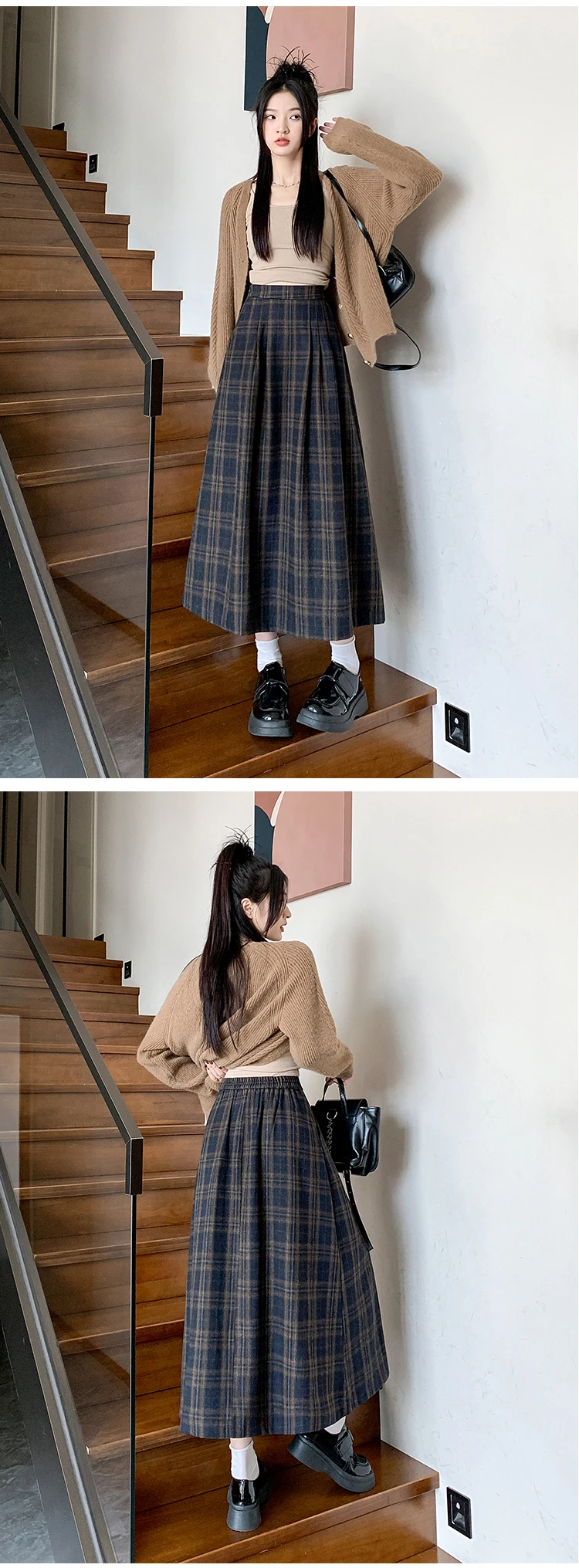 Women's Vintage Plaid Wool&blend Pleated Long Skirt Lady Spring Autumn Streetwear High Waist A Line Long Skirt