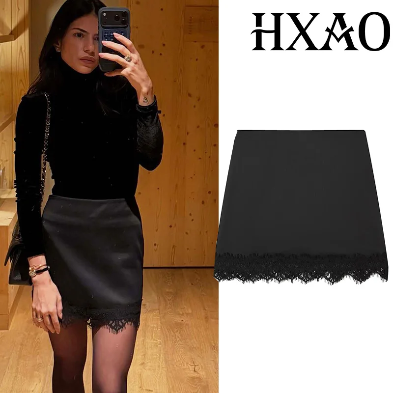 HXAO Women's Black Skirt Lace Mini Skirt Shorts Woman High Waist Elegant Party Skort For Women New Year Sexy Short Skirt Pants