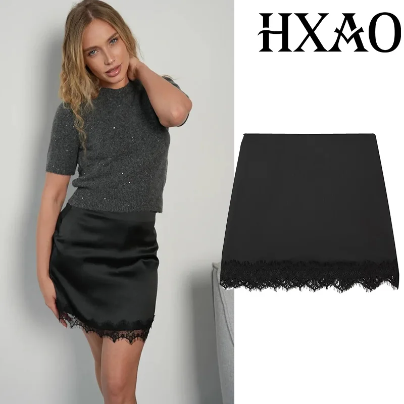 HXAO Women's Black Skirt Lace Mini Skirt Shorts Woman High Waist Elegant Party Skort For Women New Year Sexy Short Skirt Pants
