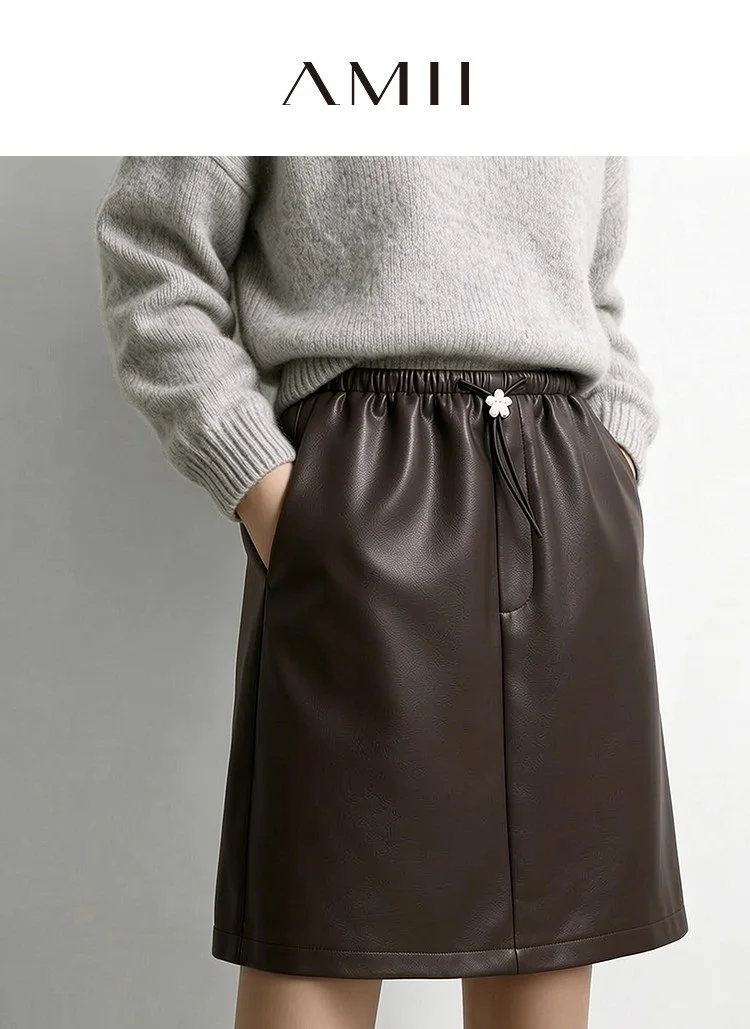 Amii Women's Faux Leather A-Line Mini Skirt Straight Fit Slimming Casual Commuter Minimalist Winter 2026 Mini Skirts 12624007