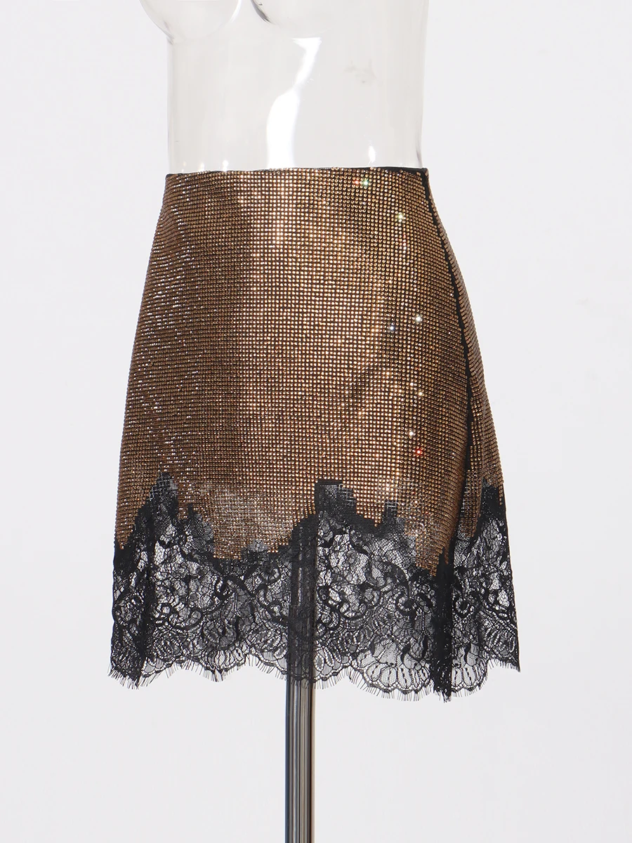 TWOTWINSTYLE Brown Spliced Diamonds Irregular Skirt Female High Waist Loose Sexy Luxury Women's Short Skirts Autumn New Fashion