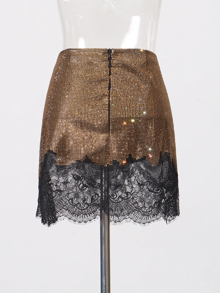 TWOTWINSTYLE Brown Spliced Diamonds Irregular Skirt Female High Waist Loose Sexy Luxury Women's Short Skirts Autumn New Fashion