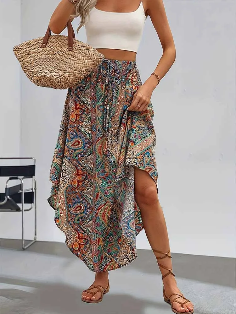 Europe and the United States Fashion Women's Exotic Wind Pull Rope with High Waist Half Printed Long Skirt Summer Girl