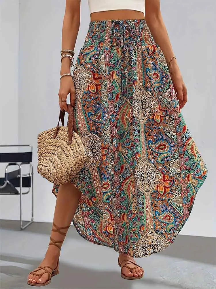 Europe and the United States Fashion Women's Exotic Wind Pull Rope with High Waist Half Printed Long Skirt Summer Girl