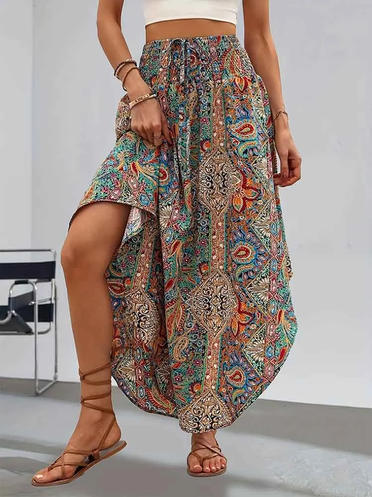 Europe and the United States Fashion Women's Exotic Wind Pull Rope with High Waist Half Printed Long Skirt Summer Girl