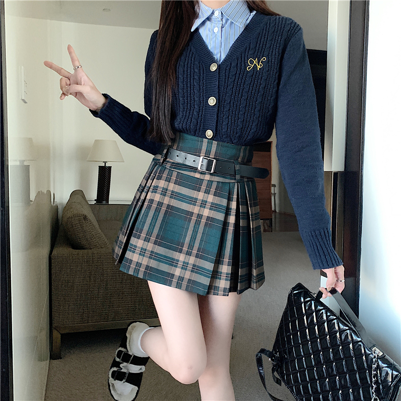 Y2K Plaid Skirt with Belt High Waist Box Pleat Tennis Mini Skirt for Women Skort Preppy Style Academia Vintage Outfit