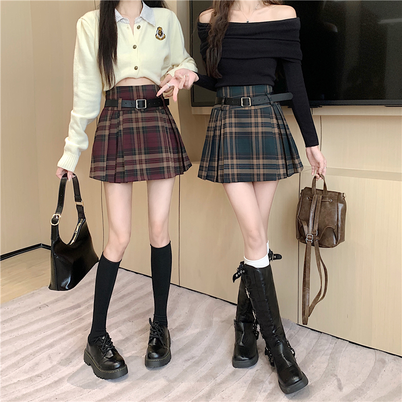 Y2K Plaid Skirt with Belt High Waist Box Pleat Tennis Mini Skirt for Women Skort Preppy Style Academia Vintage Outfit