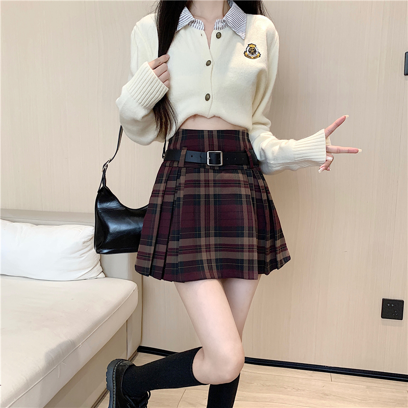 Y2K Plaid Skirt with Belt High Waist Box Pleat Tennis Mini Skirt for Women Skort Preppy Style Academia Vintage Outfit