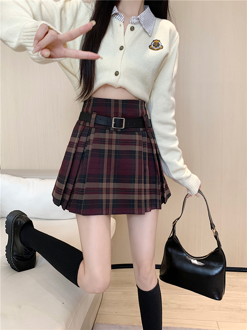 Y2K Plaid Skirt with Belt High Waist Box Pleat Tennis Mini Skirt for Women Skort Preppy Style Academia Vintage Outfit
