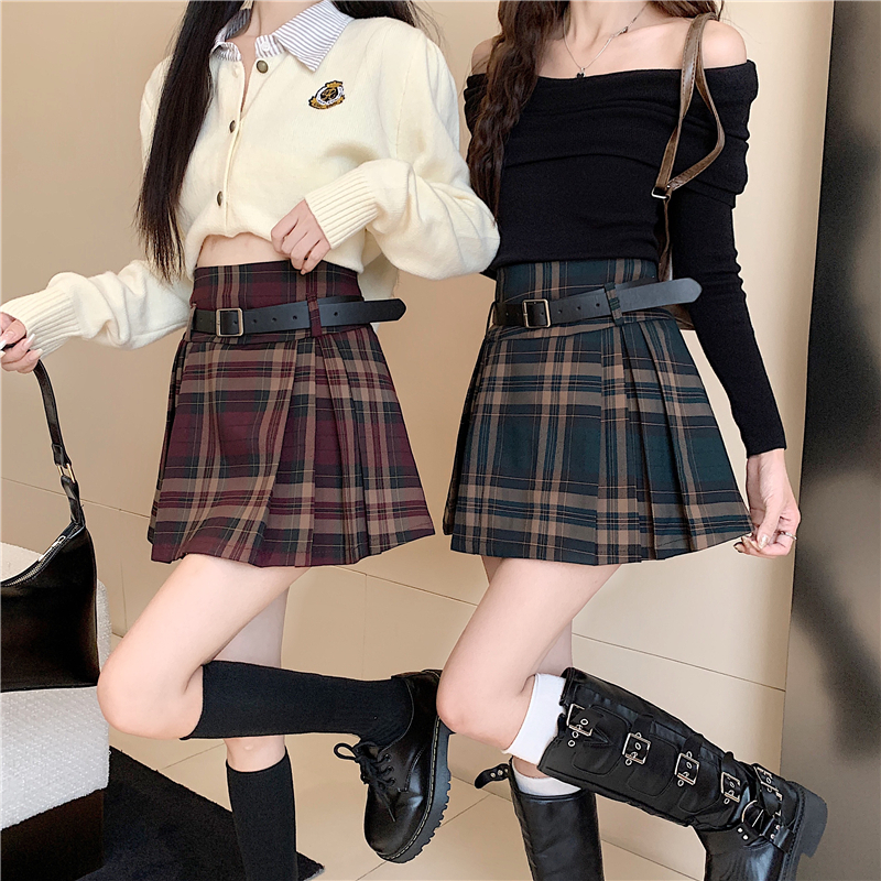 Y2K Plaid Skirt with Belt High Waist Box Pleat Tennis Mini Skirt for Women Skort Preppy Style Academia Vintage Outfit