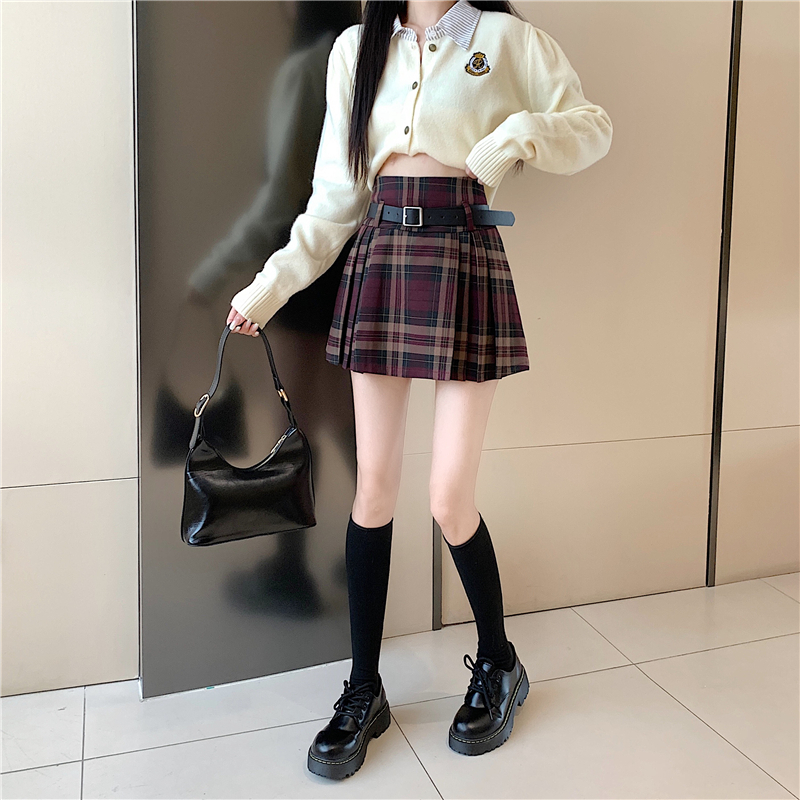 Y2K Plaid Skirt with Belt High Waist Box Pleat Tennis Mini Skirt for Women Skort Preppy Style Academia Vintage Outfit