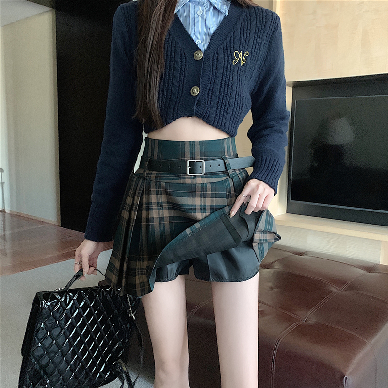 Y2K Plaid Skirt with Belt High Waist Box Pleat Tennis Mini Skirt for Women Skort Preppy Style Academia Vintage Outfit