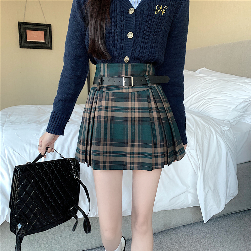 Y2K Plaid Skirt with Belt High Waist Box Pleat Tennis Mini Skirt for Women Skort Preppy Style Academia Vintage Outfit