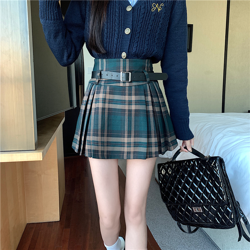 Y2K Plaid Skirt with Belt High Waist Box Pleat Tennis Mini Skirt for Women Skort Preppy Style Academia Vintage Outfit
