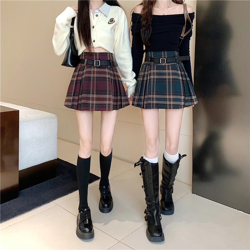 Y2K Plaid Skirt with Belt High Waist Box Pleat Tennis Mini Skirt for Women Skort Preppy Style Academia Vintage Outfit
