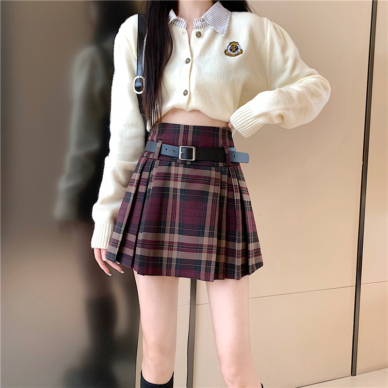 Y2K Plaid Skirt with Belt High Waist Box Pleat Tennis Mini Skirt for Women Skort Preppy Style Academia Vintage Outfit