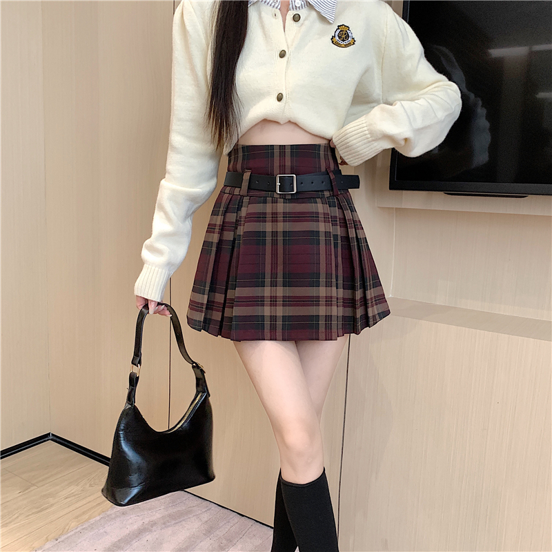 Y2K Plaid Skirt with Belt High Waist Box Pleat Tennis Mini Skirt for Women Skort Preppy Style Academia Vintage Outfit