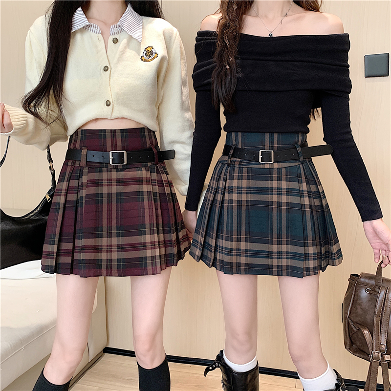Y2K Plaid Skirt with Belt High Waist Box Pleat Tennis Mini Skirt for Women Skort Preppy Style Academia Vintage Outfit
