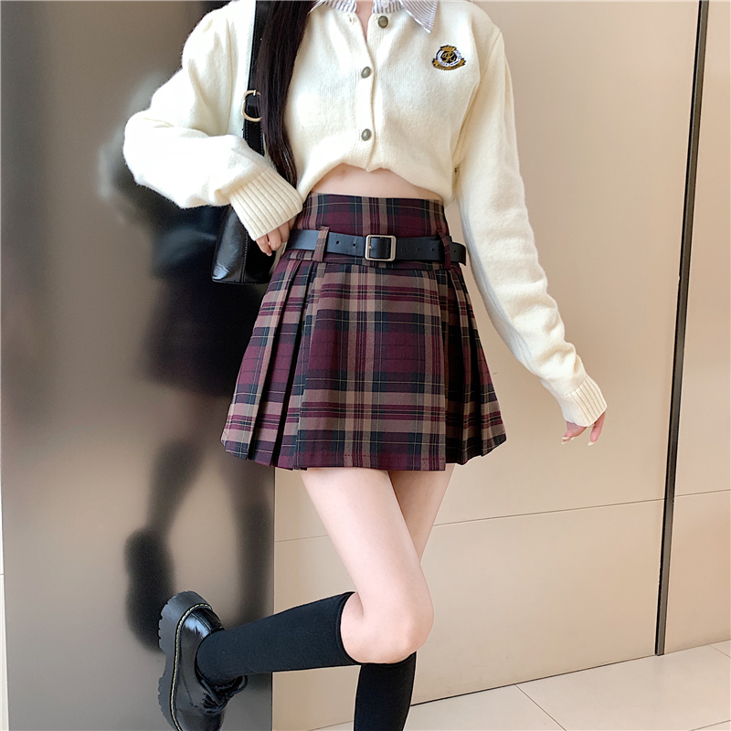 Y2K Plaid Skirt with Belt High Waist Box Pleat Tennis Mini Skirt for Women Skort Preppy Style Academia Vintage Outfit