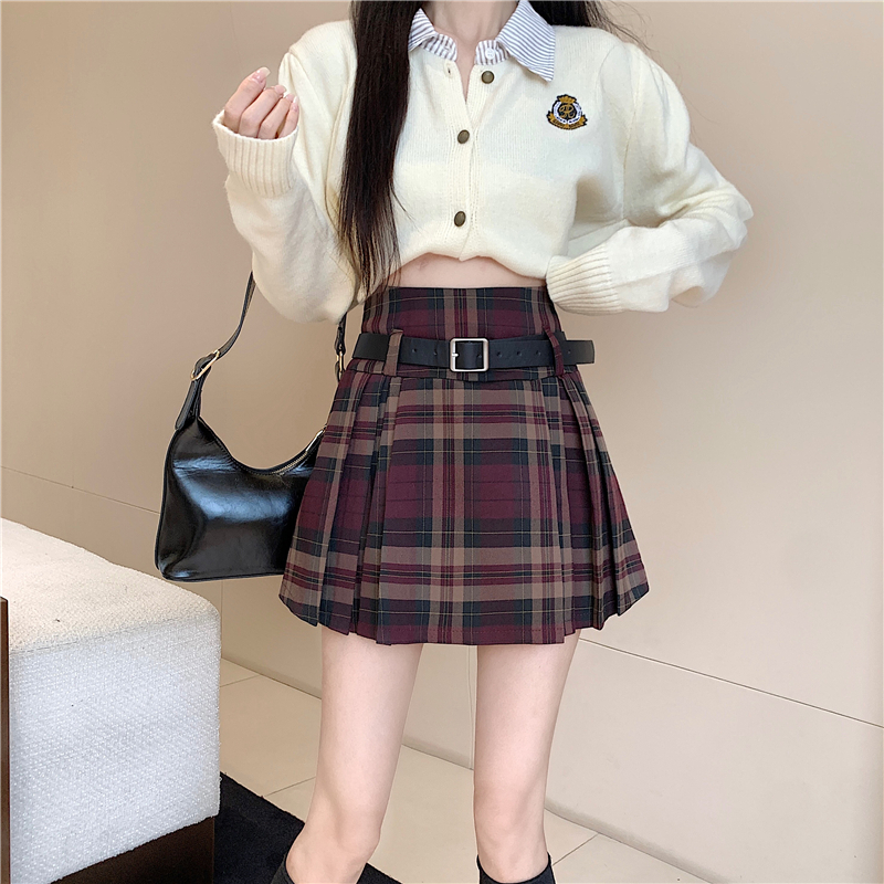 Y2K Plaid Skirt with Belt High Waist Box Pleat Tennis Mini Skirt for Women Skort Preppy Style Academia Vintage Outfit