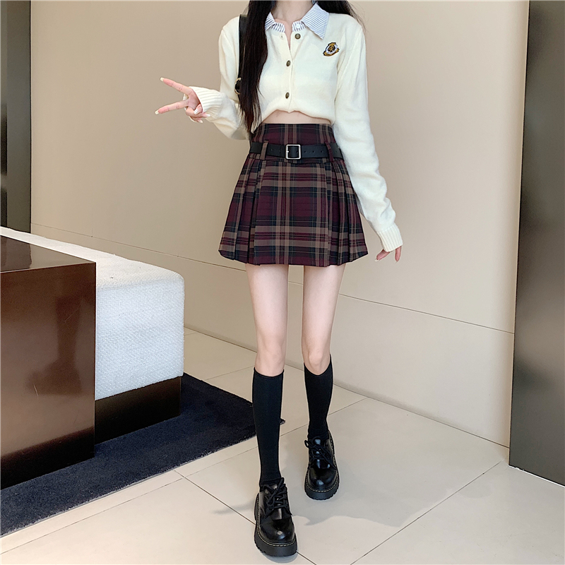 Y2K Plaid Skirt with Belt High Waist Box Pleat Tennis Mini Skirt for Women Skort Preppy Style Academia Vintage Outfit