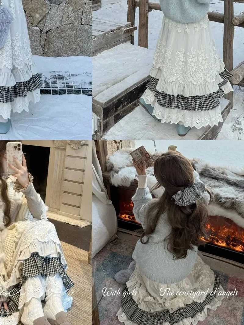 Women Sweet Vintage Mori Girl Style High Waist Splicing Plaid Long Skirt Winter New Korean Fashion Beige Lace Kawaii Maxi Skirts