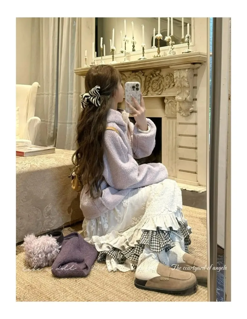 Women Sweet Vintage Mori Girl Style High Waist Splicing Plaid Long Skirt Winter New Korean Fashion Beige Lace Kawaii Maxi Skirts