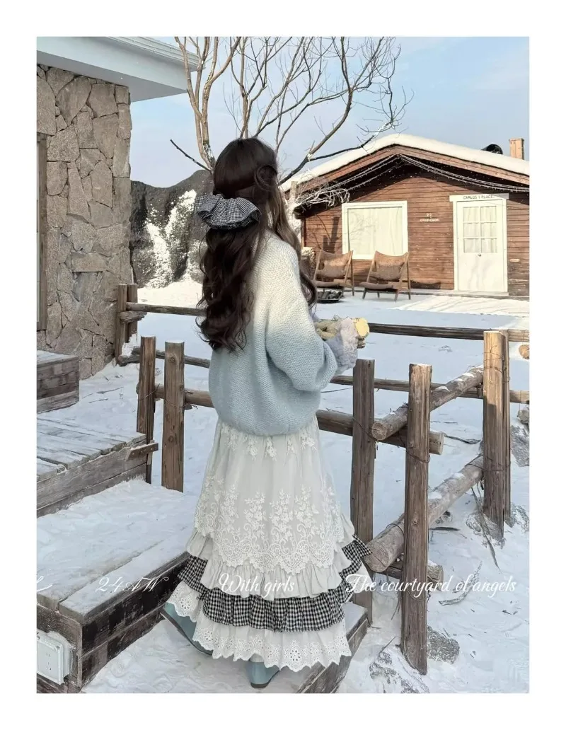 Women Sweet Vintage Mori Girl Style High Waist Splicing Plaid Long Skirt Winter New Korean Fashion Beige Lace Kawaii Maxi Skirts
