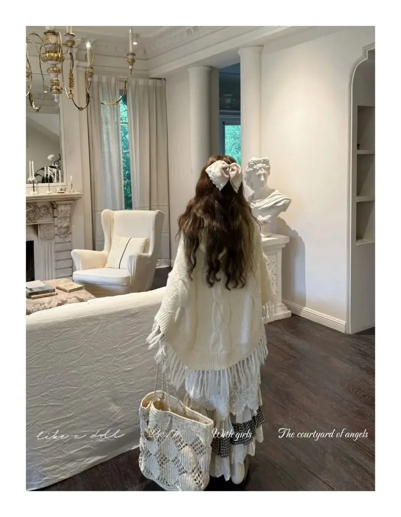 Women Sweet Vintage Mori Girl Style High Waist Splicing Plaid Long Skirt Winter New Korean Fashion Beige Lace Kawaii Maxi Skirts
