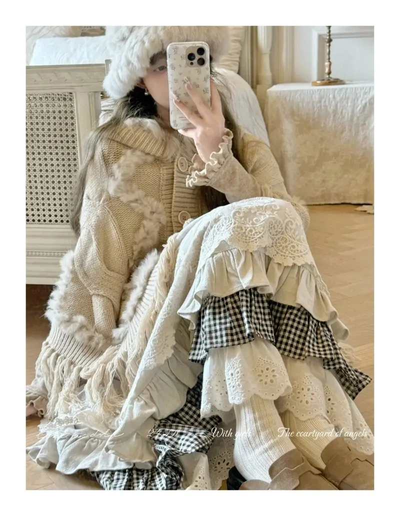 Women Sweet Vintage Mori Girl Style High Waist Splicing Plaid Long Skirt Winter New Korean Fashion Beige Lace Kawaii Maxi Skirts