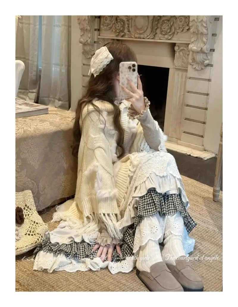 Women Sweet Vintage Mori Girl Style High Waist Splicing Plaid Long Skirt Winter New Korean Fashion Beige Lace Kawaii Maxi Skirts