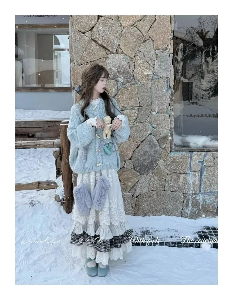 Women Sweet Vintage Mori Girl Style High Waist Splicing Plaid Long Skirt Winter New Korean Fashion Beige Lace Kawaii Maxi Skirts