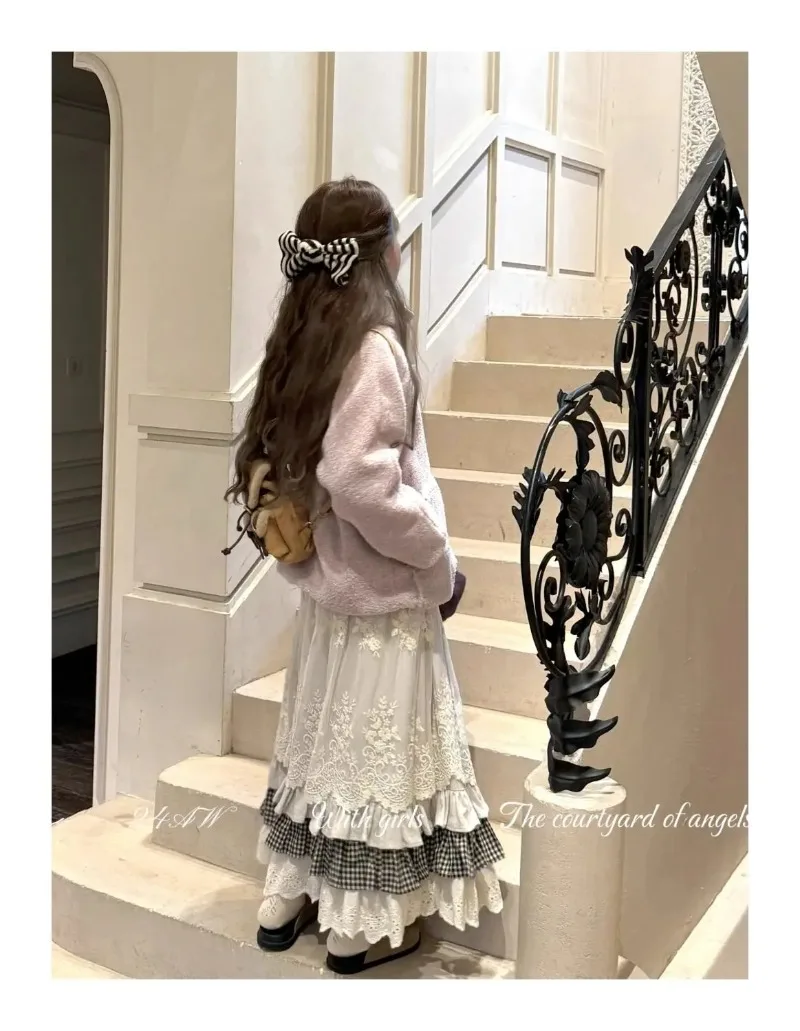 Women Sweet Vintage Mori Girl Style High Waist Splicing Plaid Long Skirt Winter New Korean Fashion Beige Lace Kawaii Maxi Skirts