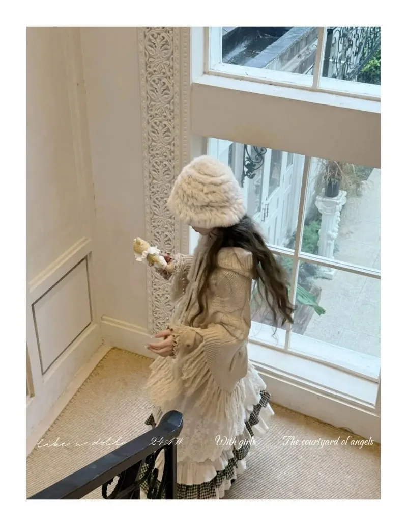 Women Sweet Vintage Mori Girl Style High Waist Splicing Plaid Long Skirt Winter New Korean Fashion Beige Lace Kawaii Maxi Skirts