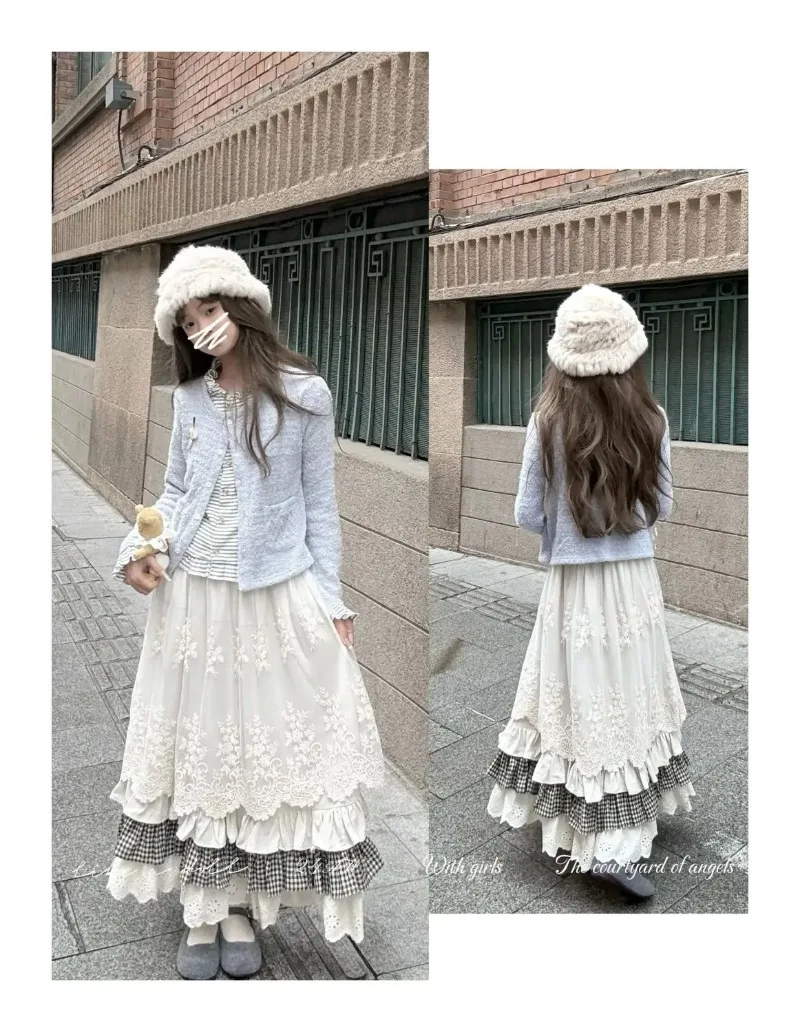 Women Sweet Vintage Mori Girl Style High Waist Splicing Plaid Long Skirt Winter New Korean Fashion Beige Lace Kawaii Maxi Skirts